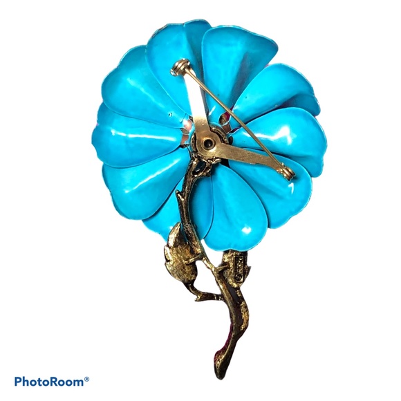 Vintage Enameled Blue Daisy Brooch by Hedy - Picture 2 of 5